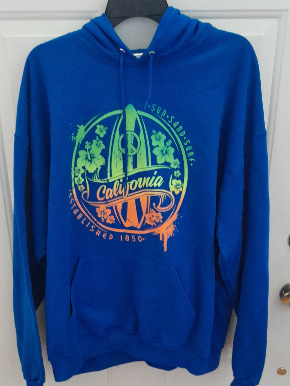 Jerzees Blue Hoodie with Neon California Surfboard Graphic XL
